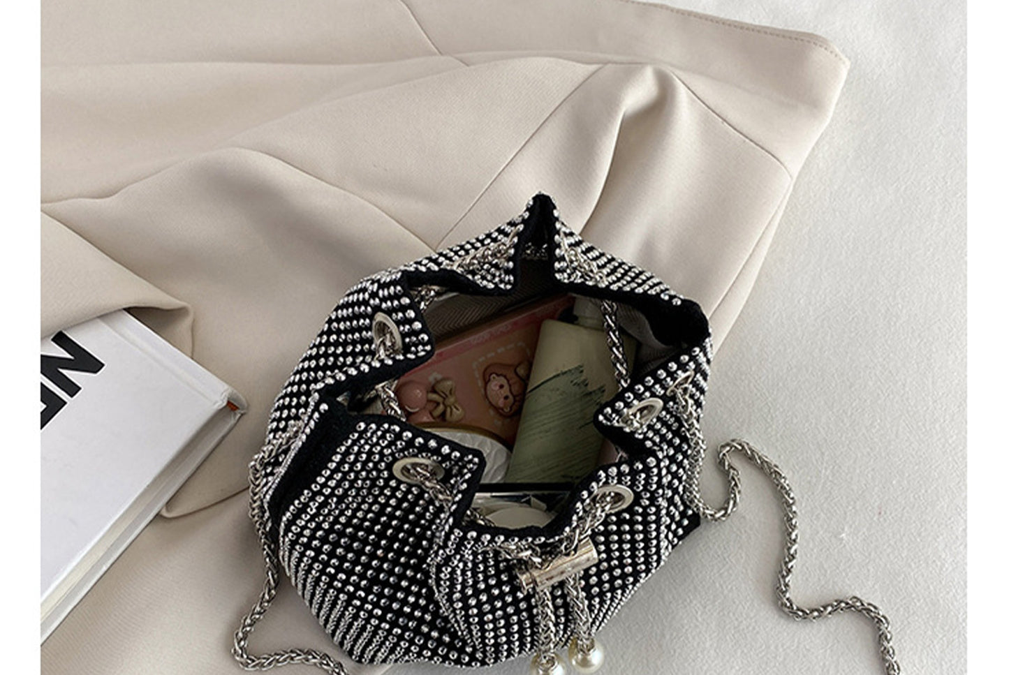 Rhinestone-Studded Drawstring Evening Bag