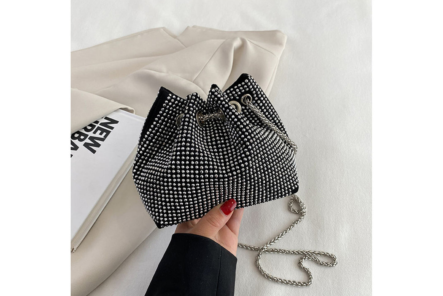 Rhinestone-Studded Drawstring Evening Bag