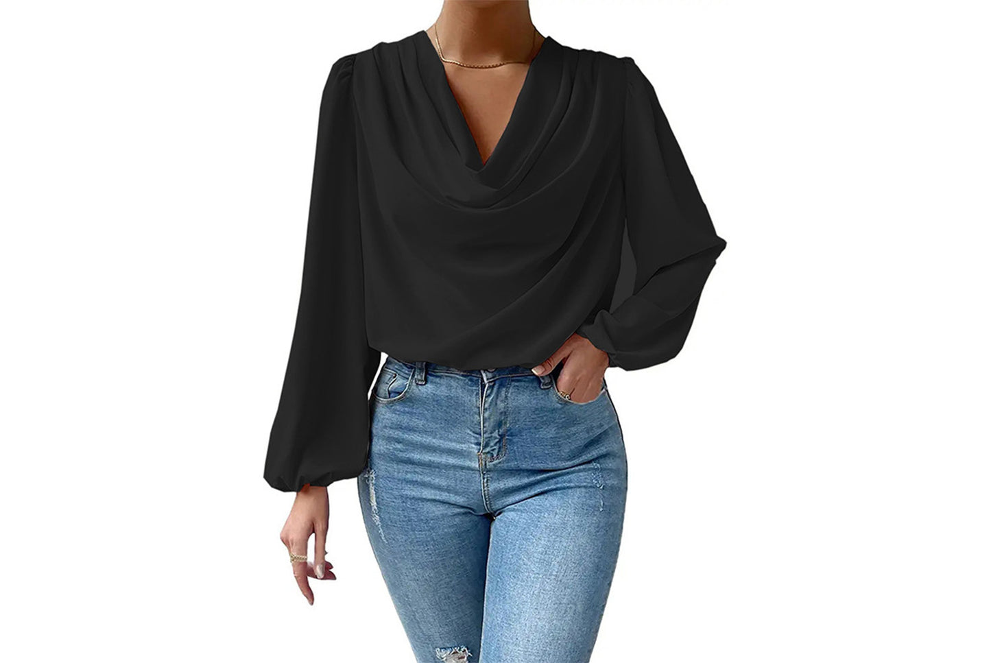 **Women's Chiffon Long-Sleeve Blouse | V-Neck Draped Loose Top**