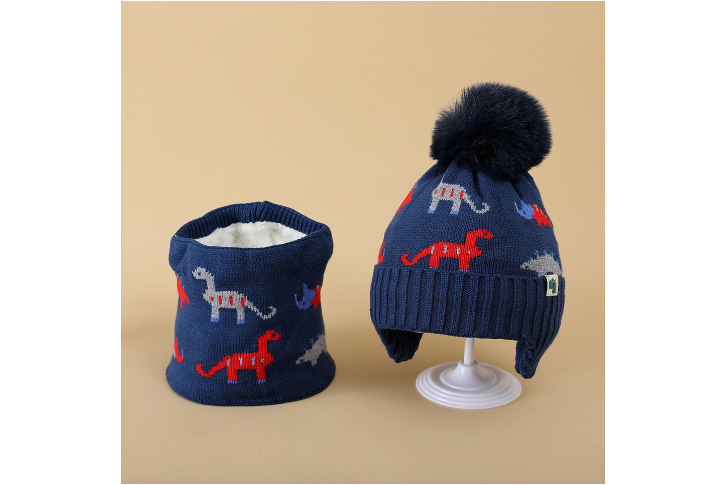 Children's Dinosaur Warm Scarf and Hat Set (Fleece-lined Knit)