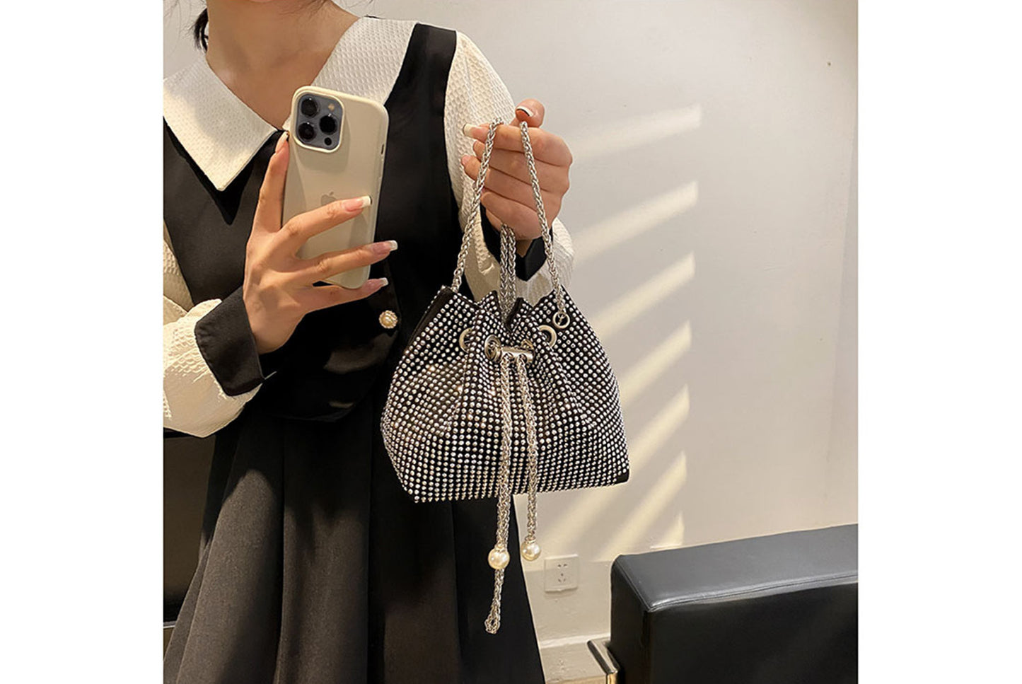 Rhinestone-Studded Drawstring Evening Bag