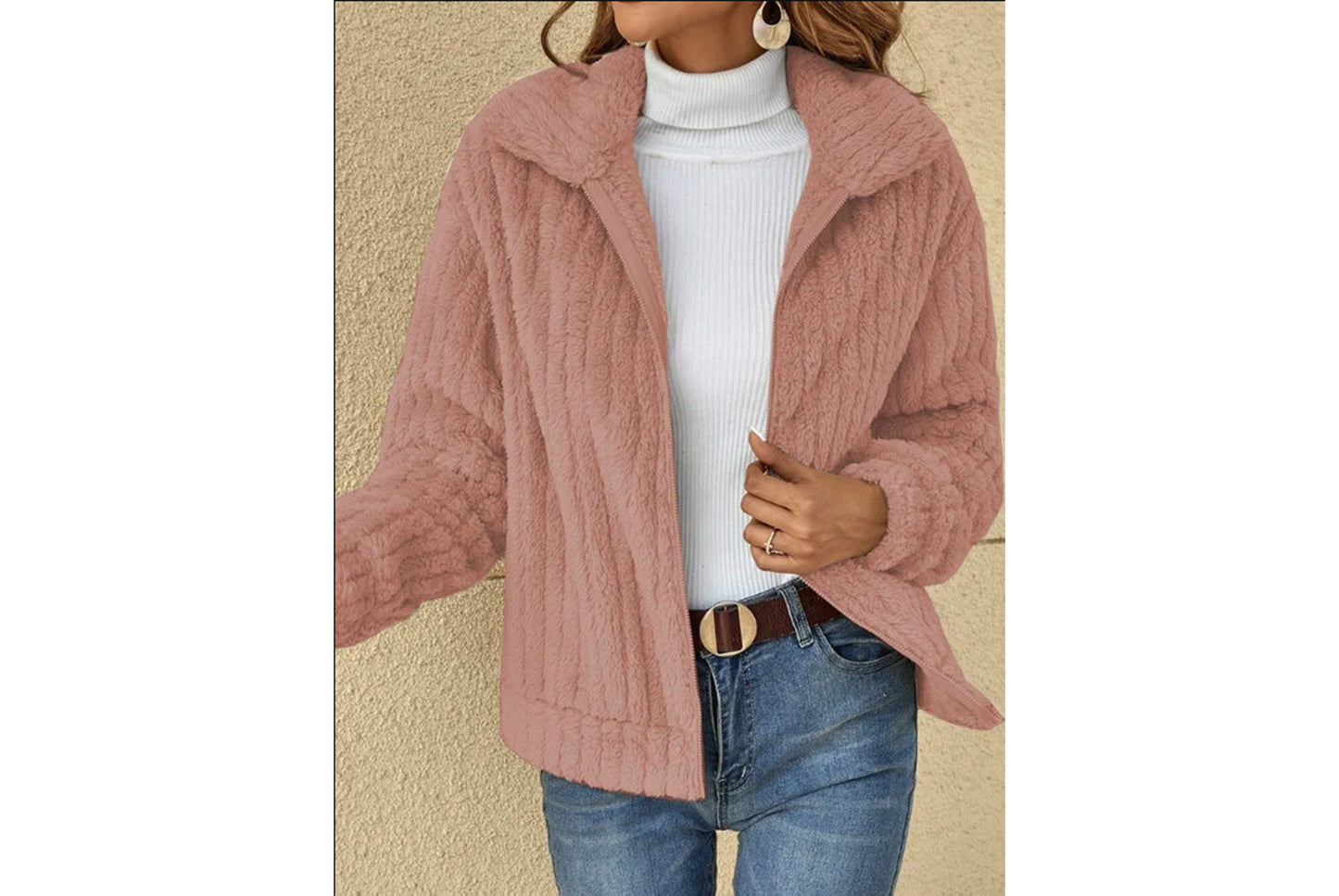 **Women's Fleece Cardigan Coat, Short Collared Warm Top**