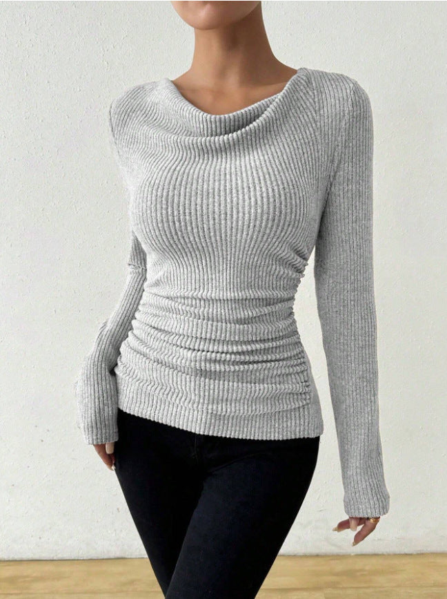 Slimming bell sleeves and swung collar knitted top