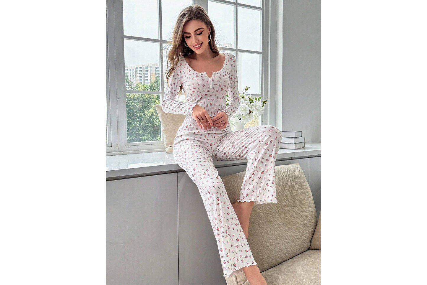 Autumn/Winter Floral Long-Sleeved Loungewear Set