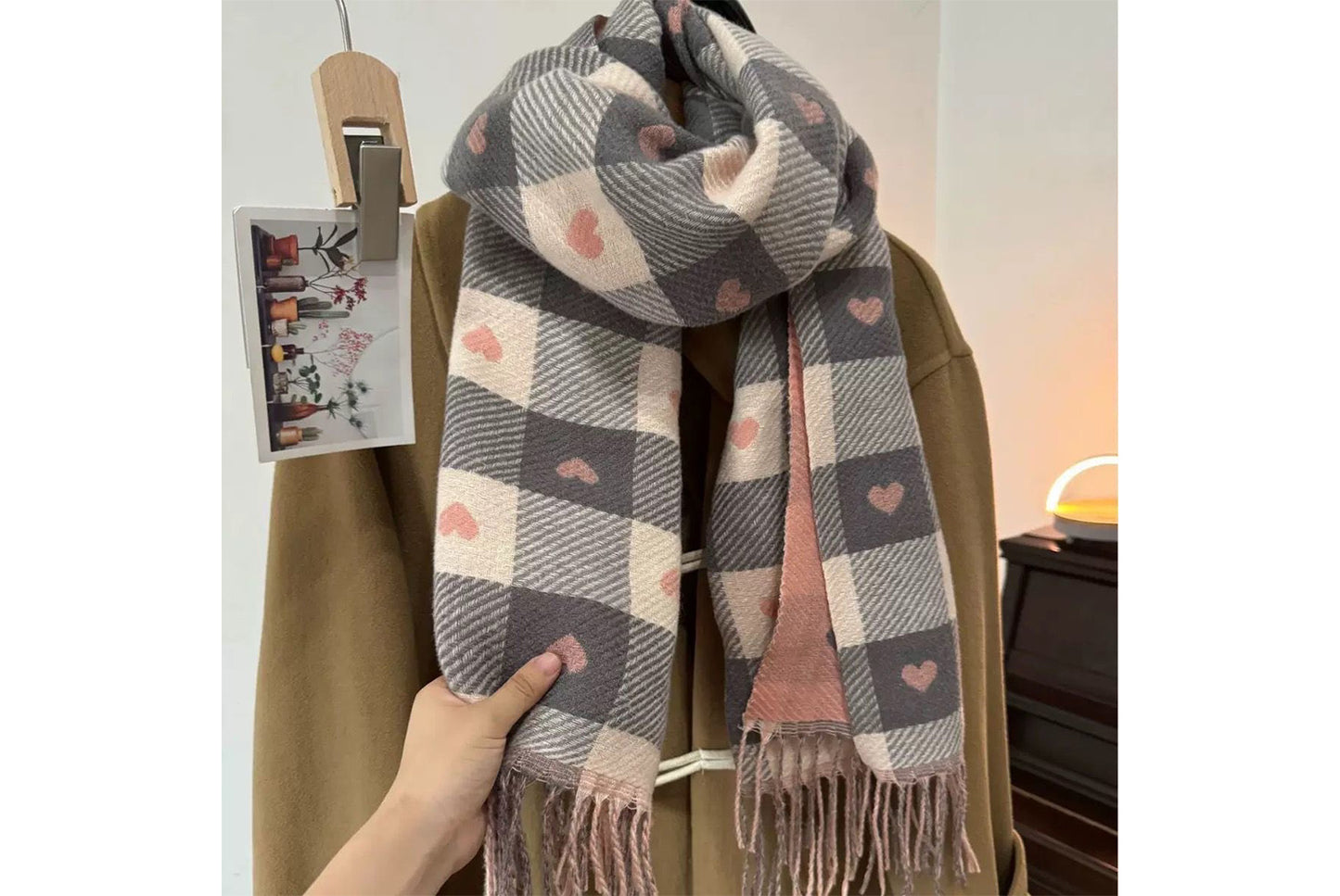 Faux Cashmere Heart-Shaped Checkered Scarf