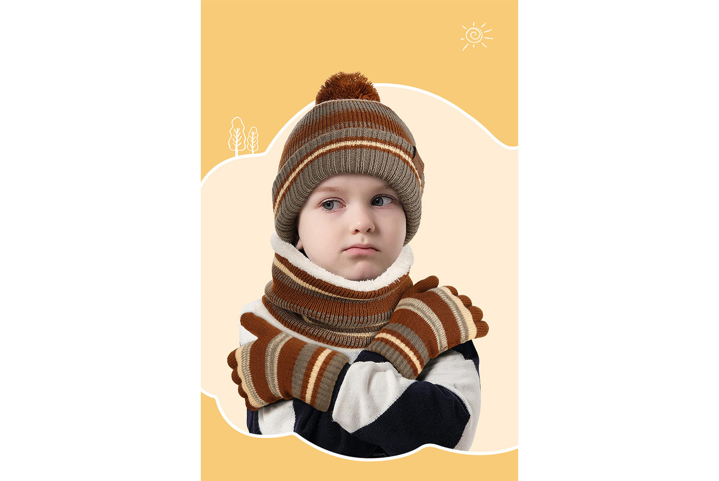 **Children's Warm Three-Piece Set: Fleece-Lined Knitted Hat, Scarf, and Gloves**