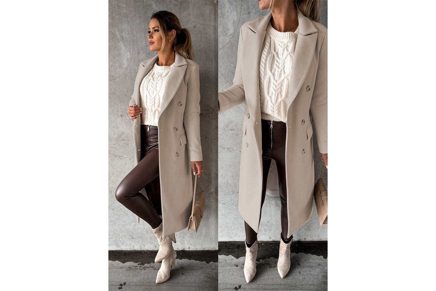 Women's Long-Sleeved Double-Breasted Slim-Fit Coat with Lapel