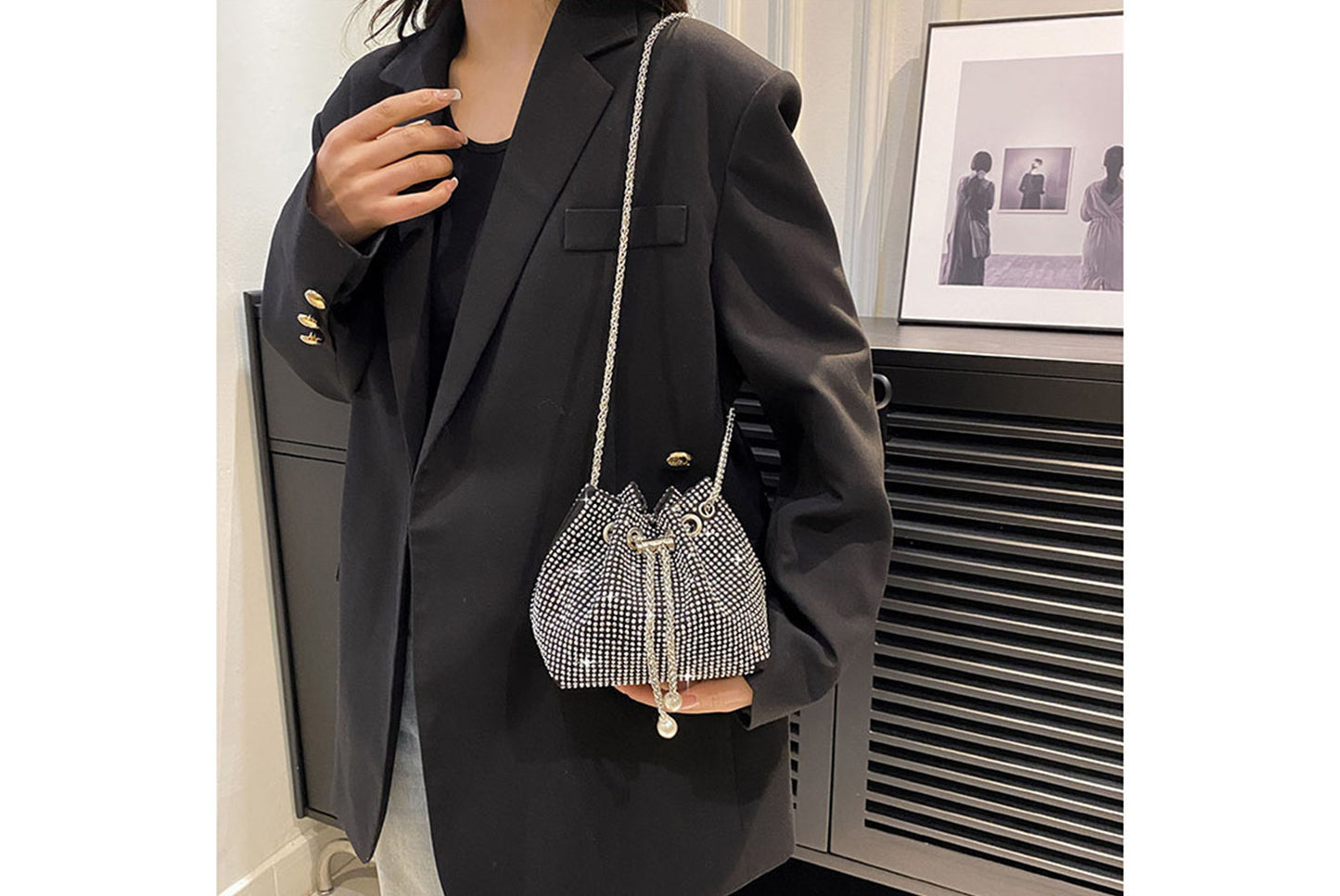 Rhinestone-Studded Drawstring Evening Bag