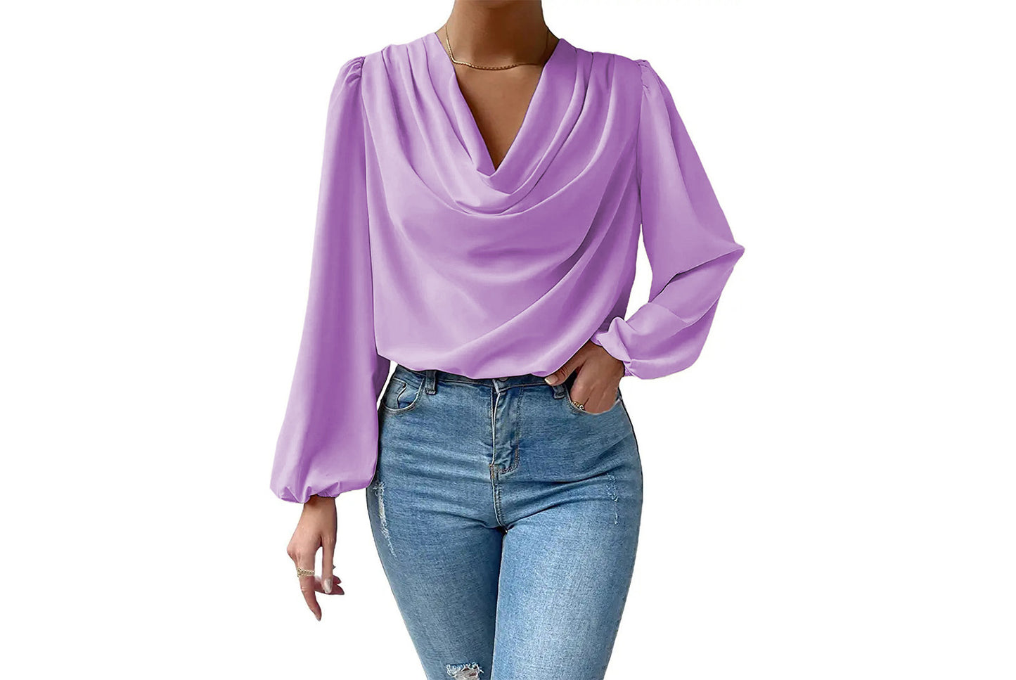 **Women's Chiffon Long-Sleeve Blouse | V-Neck Draped Loose Top**