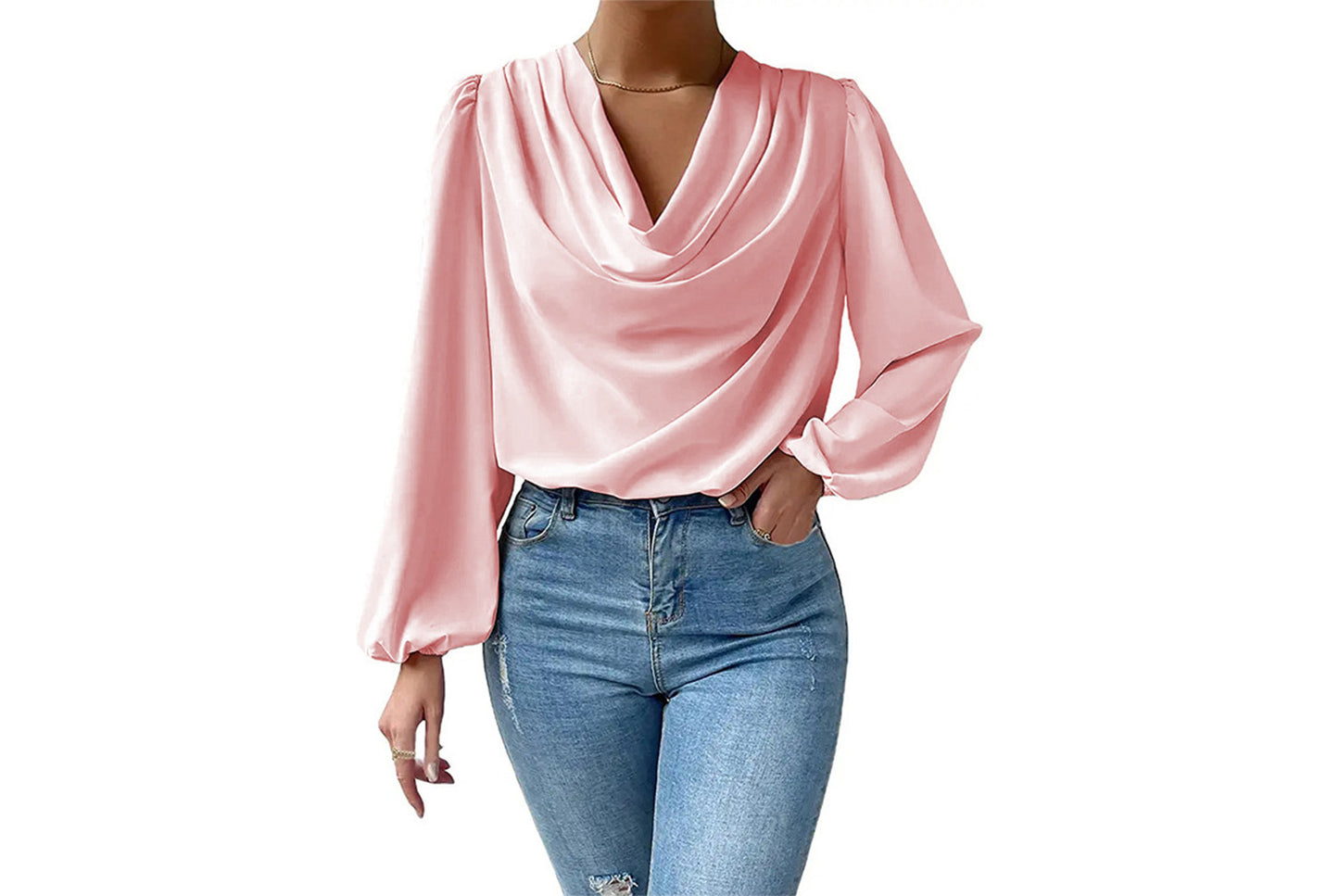 **Women's Chiffon Long-Sleeve Blouse | V-Neck Draped Loose Top**