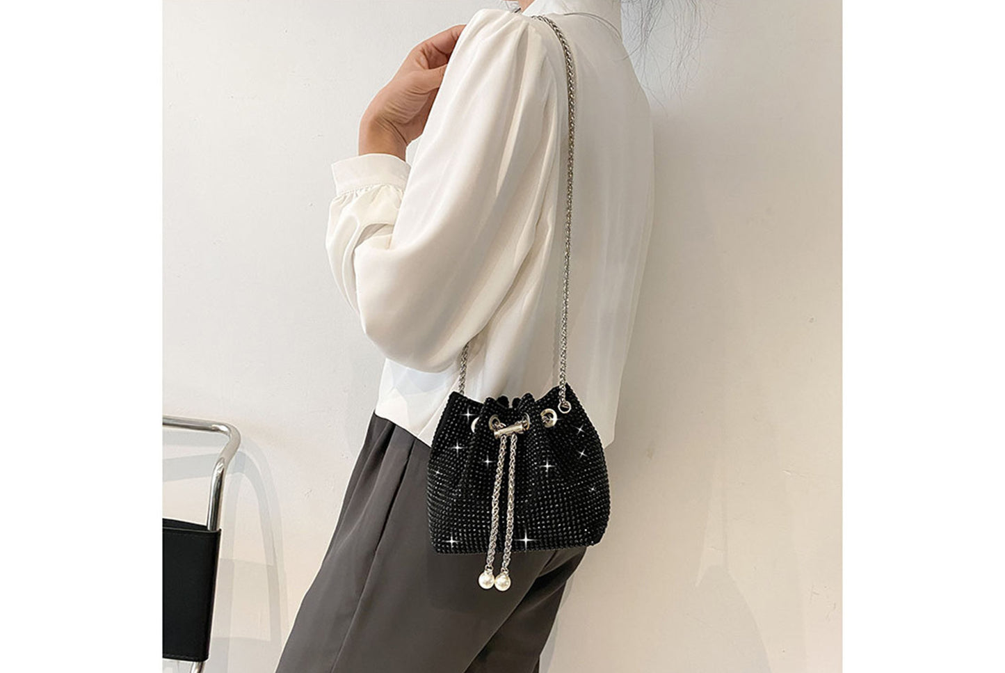 Rhinestone-Studded Drawstring Evening Bag