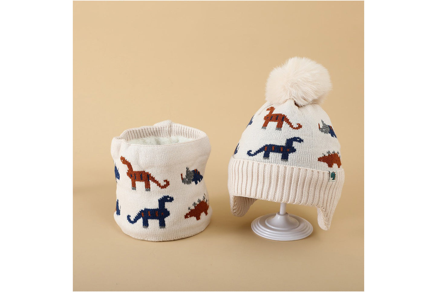 Children's Dinosaur Warm Scarf and Hat Set (Fleece-lined Knit)