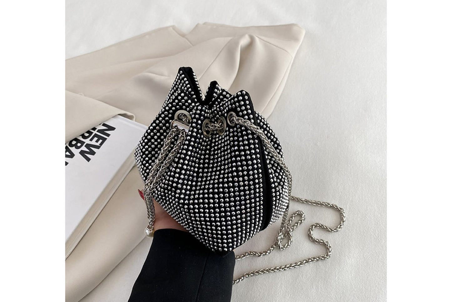 Rhinestone-Studded Drawstring Evening Bag