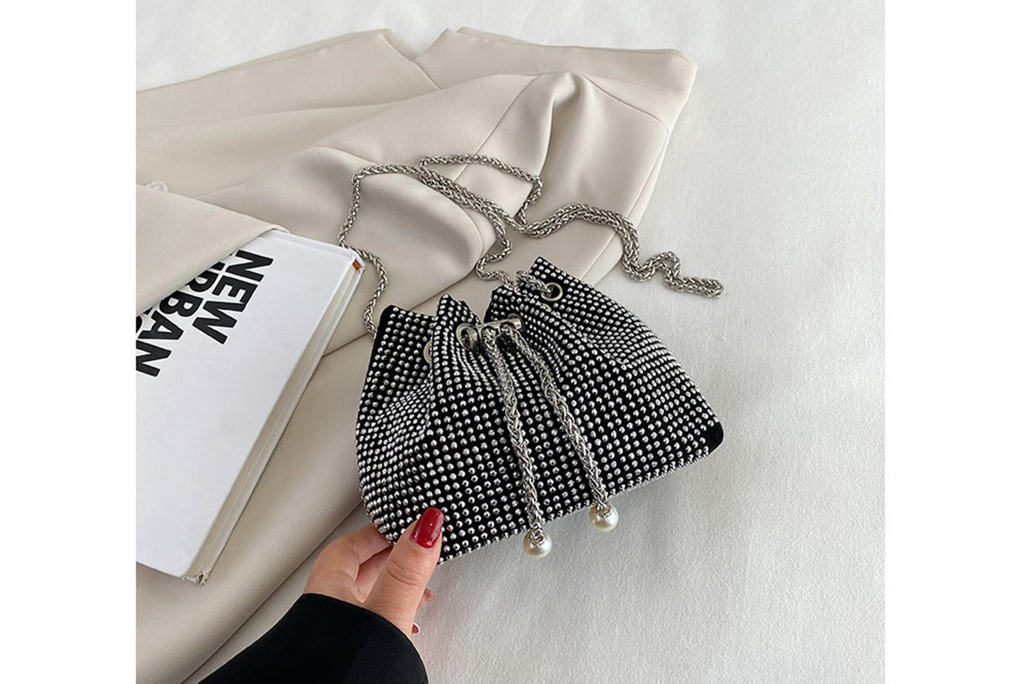 Rhinestone-Studded Drawstring Evening Bag