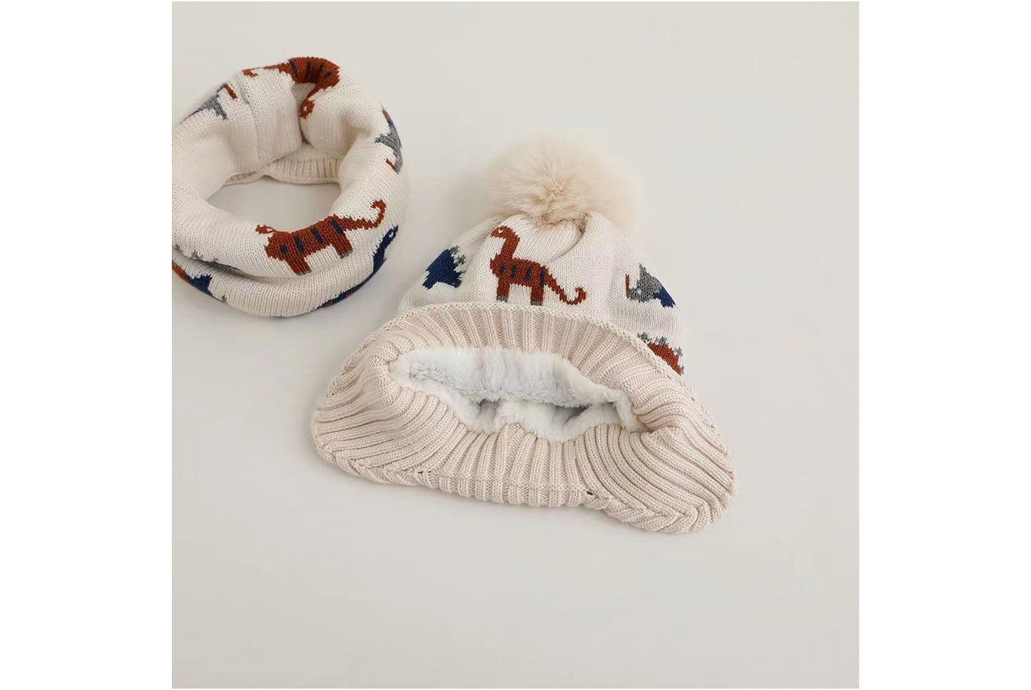 Children's Dinosaur Warm Scarf and Hat Set (Fleece-lined Knit)