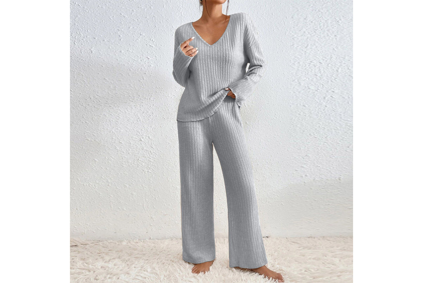 **Women's V-Neck Loose-Fitting Casual Long-Sleeved Set (Home Wear)**