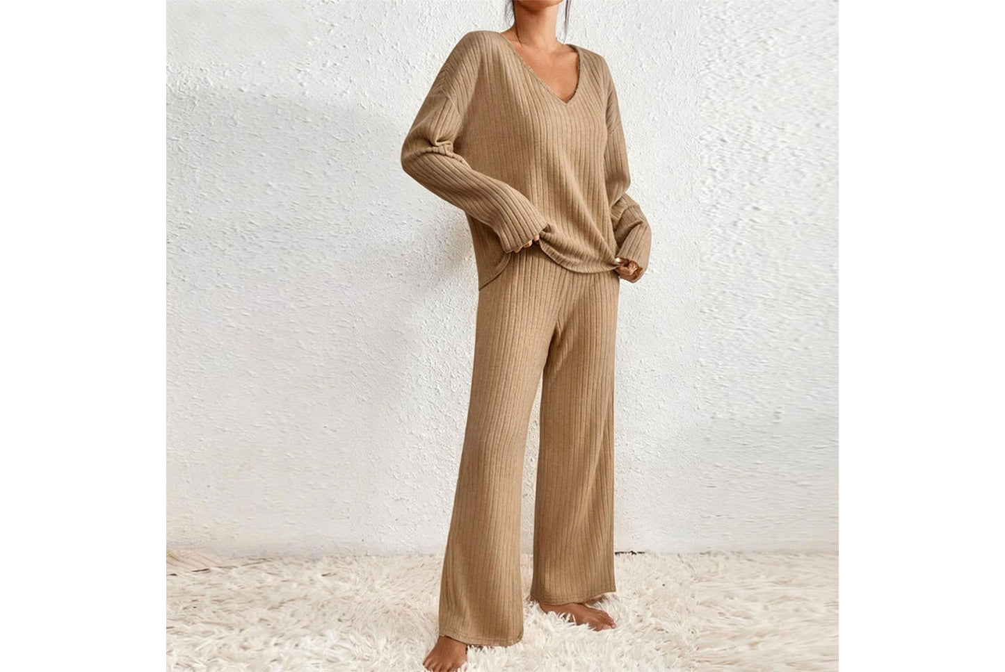 **Women's V-Neck Loose-Fitting Casual Long-Sleeved Set (Home Wear)**