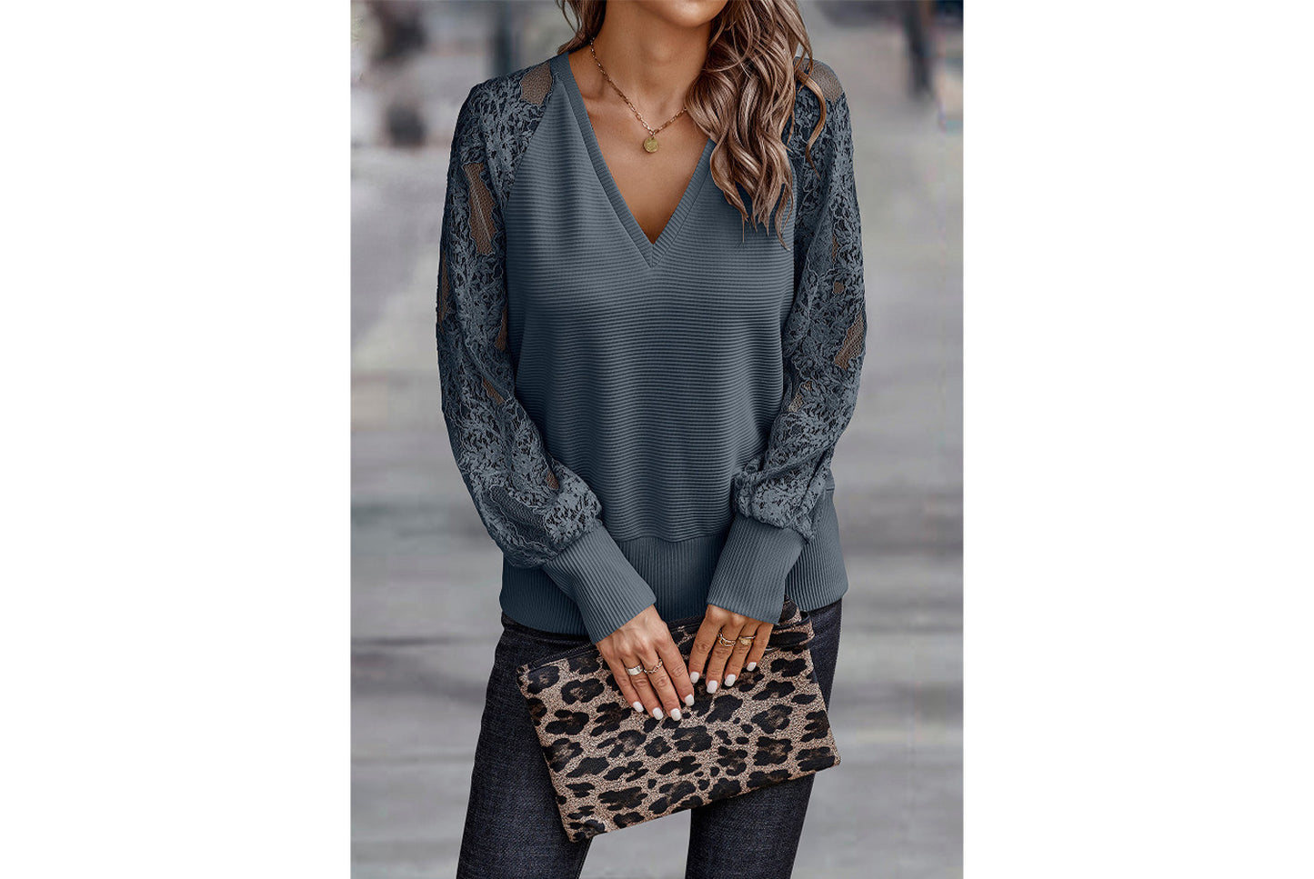 **Women's V-Neck Lace Knit Top, Loose and Casual**