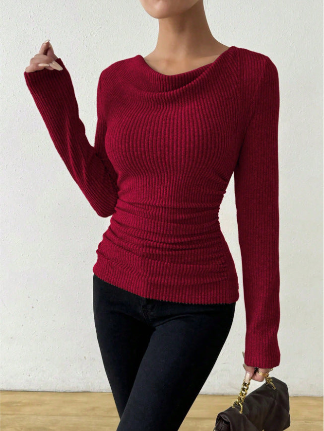 Slimming bell sleeves and swung collar knitted top