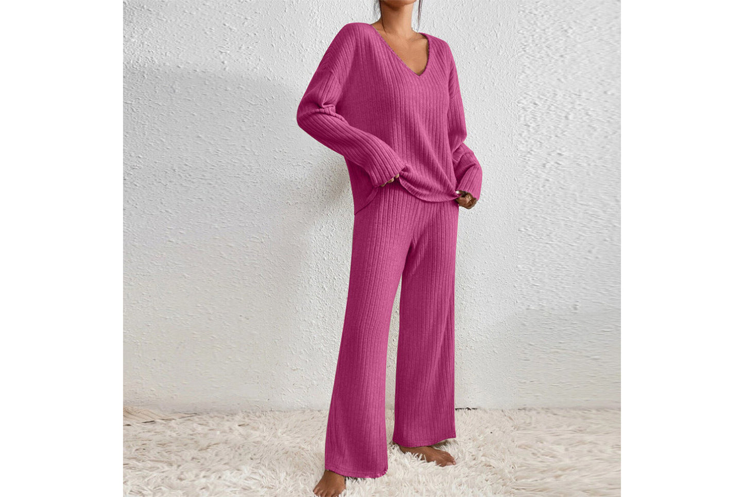 **Women's V-Neck Loose-Fitting Casual Long-Sleeved Set (Home Wear)**