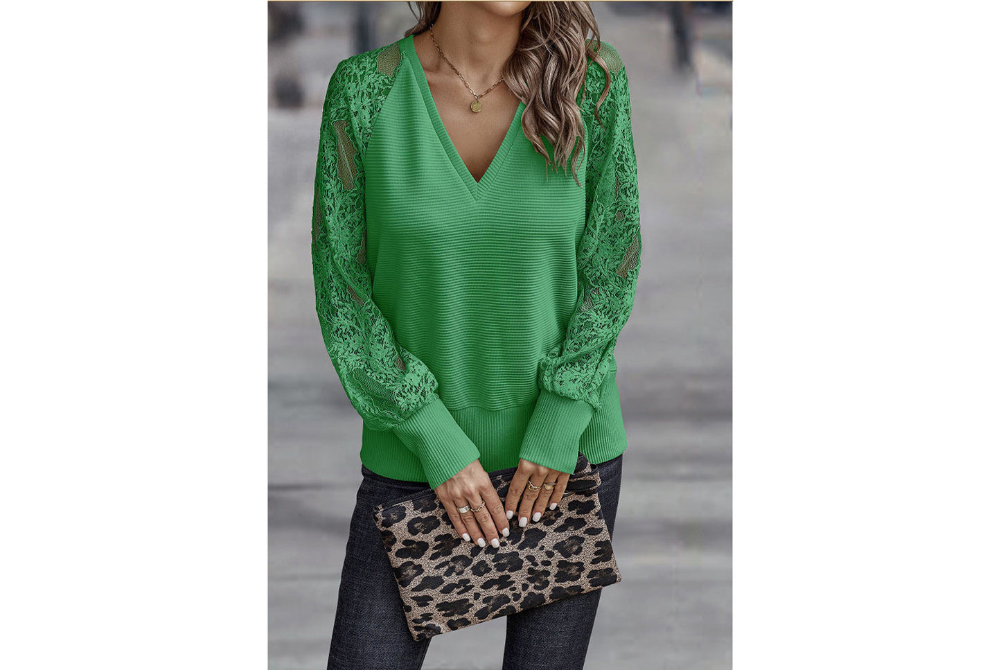 **Women's V-Neck Lace Knit Top, Loose and Casual**