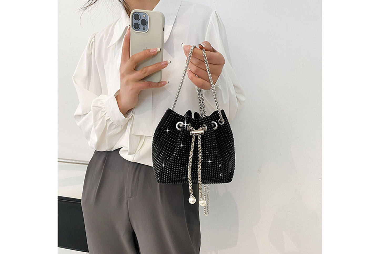 Rhinestone-Studded Drawstring Evening Bag