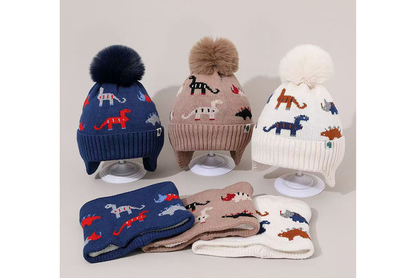 Children's Dinosaur Warm Scarf and Hat Set (Fleece-lined Knit)