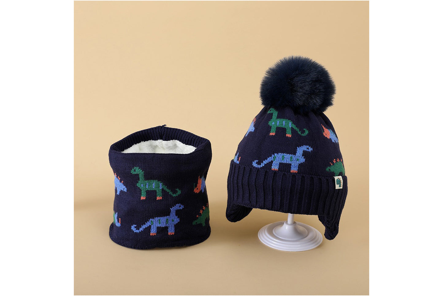 Children's Dinosaur Warm Scarf and Hat Set (Fleece-lined Knit)