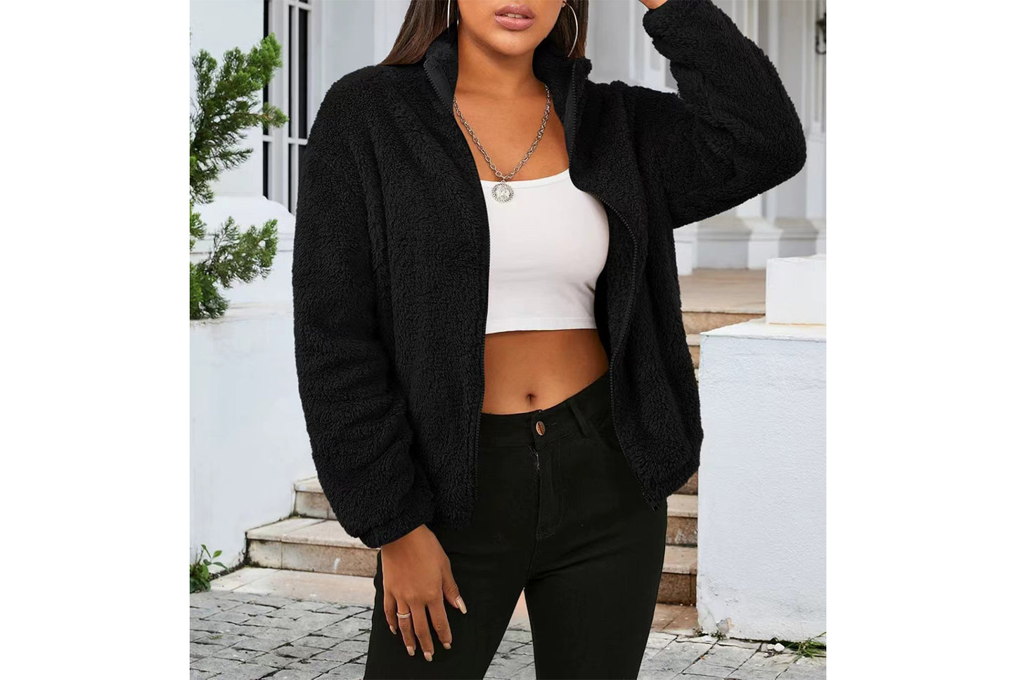Long-Sleeved Plush Loose-Fitting Warm Cardigan