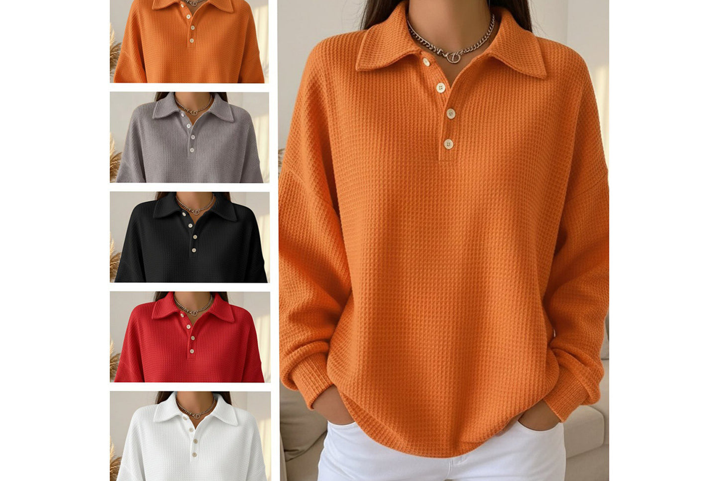Loose-fitting Solid Color Collared Polo Shirt