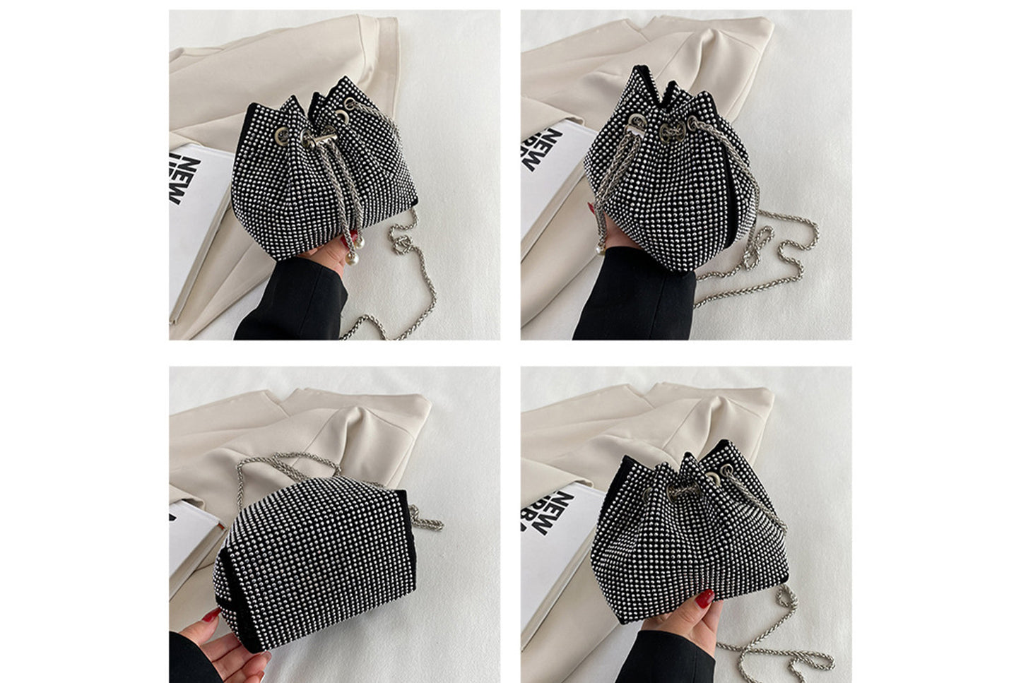 Rhinestone-Studded Drawstring Evening Bag