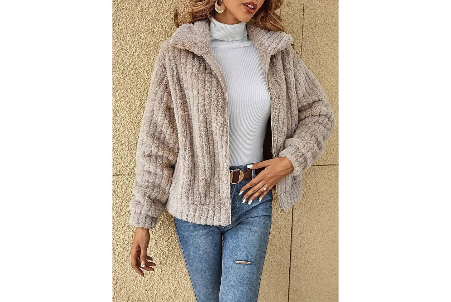**Women's Fleece Cardigan Coat, Short Collared Warm Top**