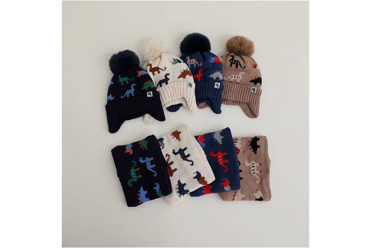 Children's Dinosaur Warm Scarf and Hat Set (Fleece-lined Knit)