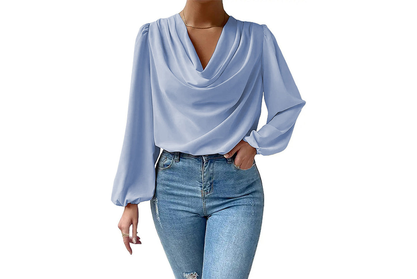 **Women's Chiffon Long-Sleeve Blouse | V-Neck Draped Loose Top**
