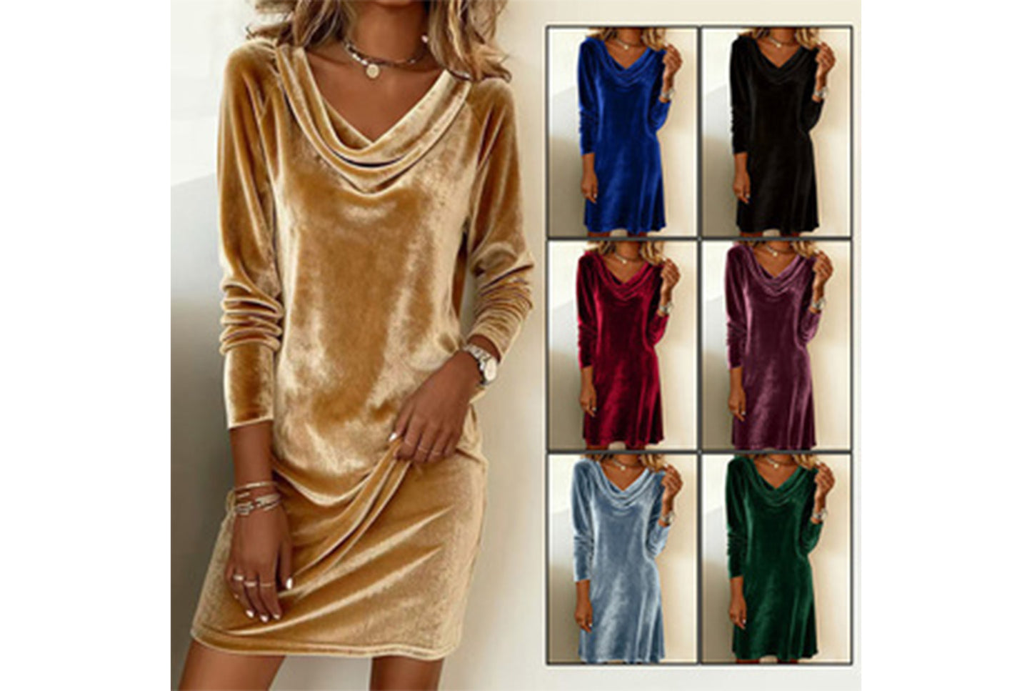**Gold Velvet Elegant Dress, Slim Fit Midi Dress for Autumn/Winter**