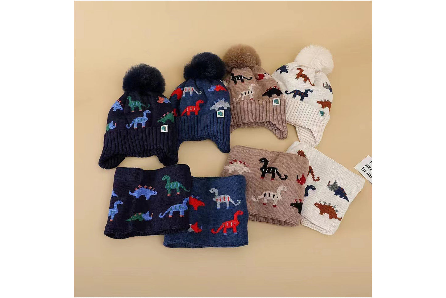 Children's Dinosaur Warm Scarf and Hat Set (Fleece-lined Knit)