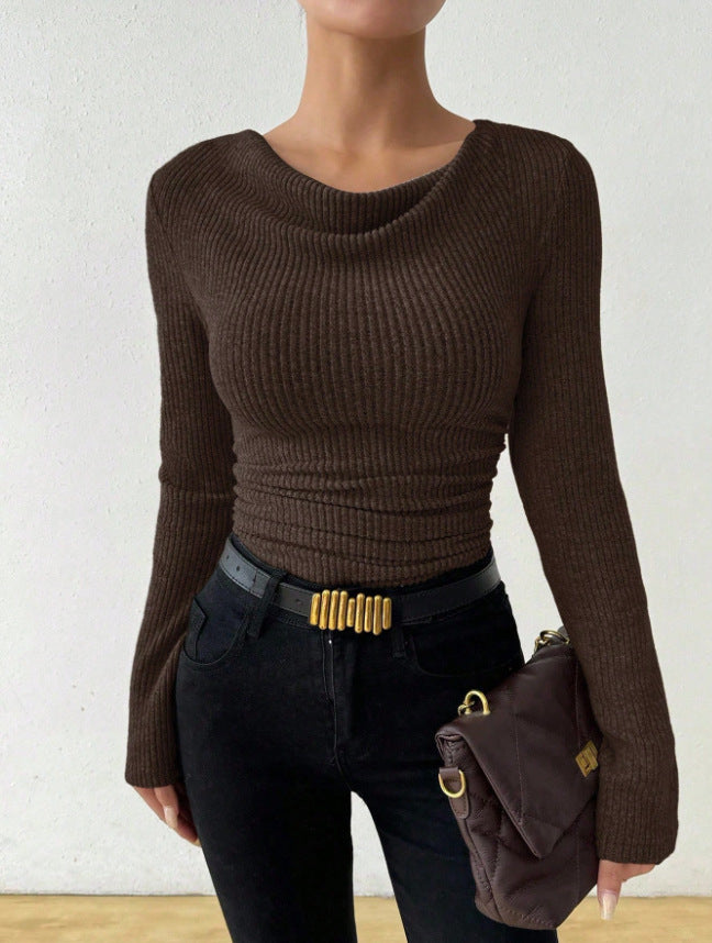 Slimming bell sleeves and swung collar knitted top
