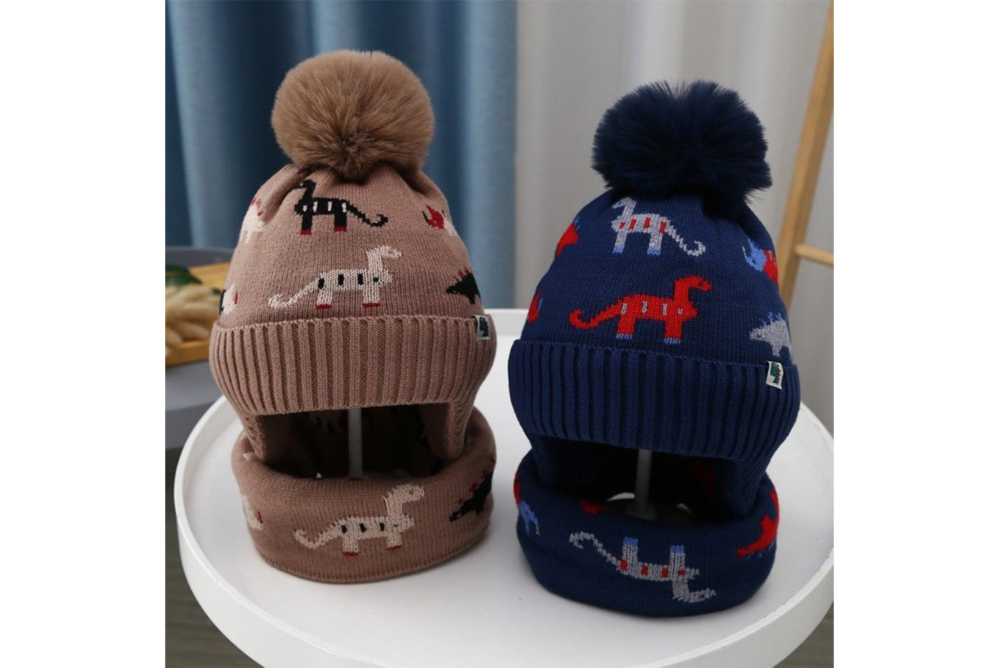 Children's Dinosaur Warm Scarf and Hat Set (Fleece-lined Knit)
