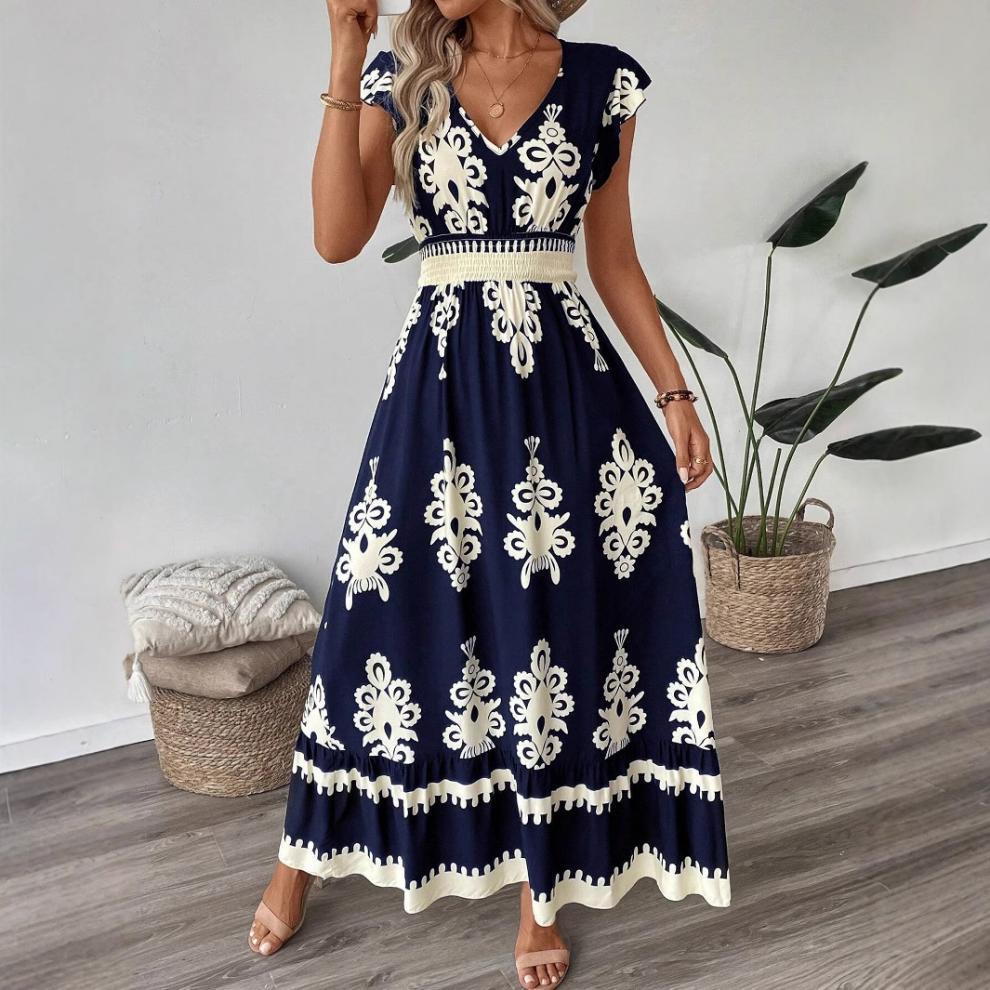 # Printed V-neck Slim-fit Long Women's Dress