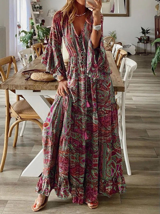 Floral Print V-Neck Flared Sleeve Vacation Maxi Dress