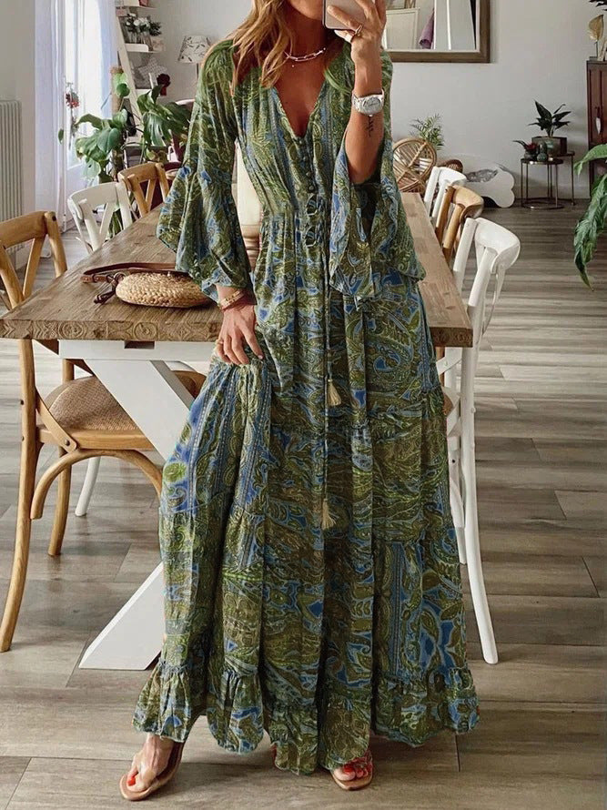 Floral Print V-Neck Flared Sleeve Vacation Maxi Dress