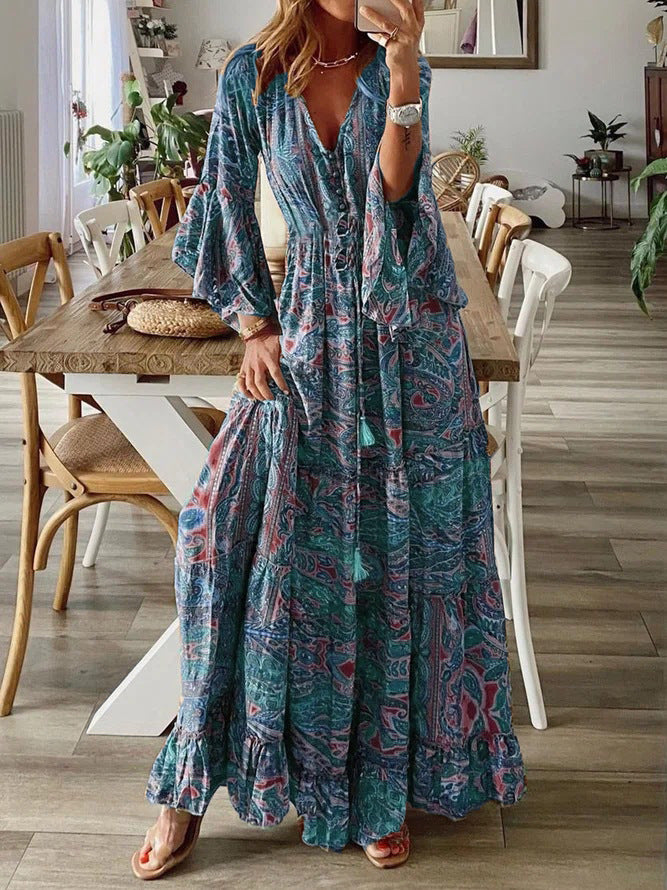 Floral Print V-Neck Flared Sleeve Vacation Maxi Dress
