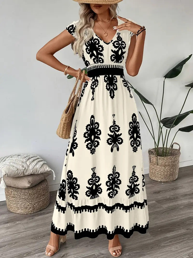 # Printed V-neck Slim-fit Long Women's Dress