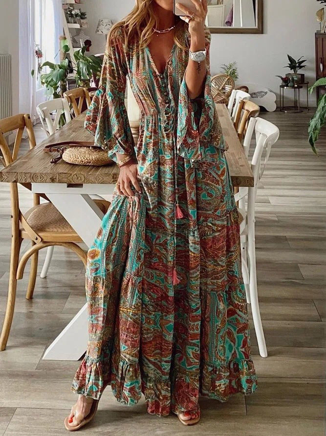 Floral Print V-Neck Flared Sleeve Vacation Maxi Dress